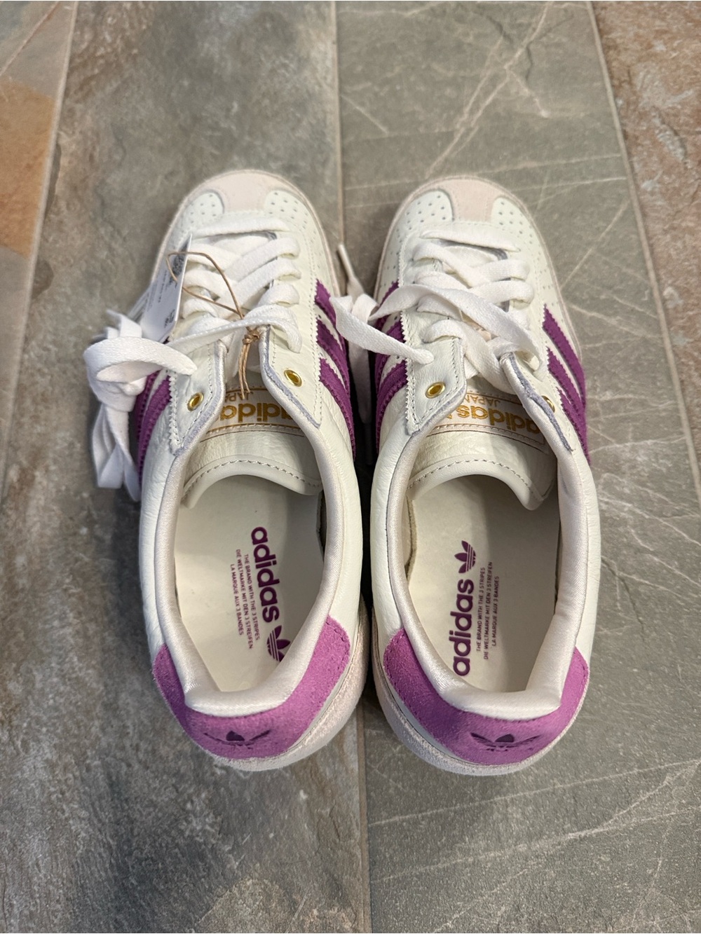 Adidas Women's White and Purple Retro Sneakers with Yellow Sole